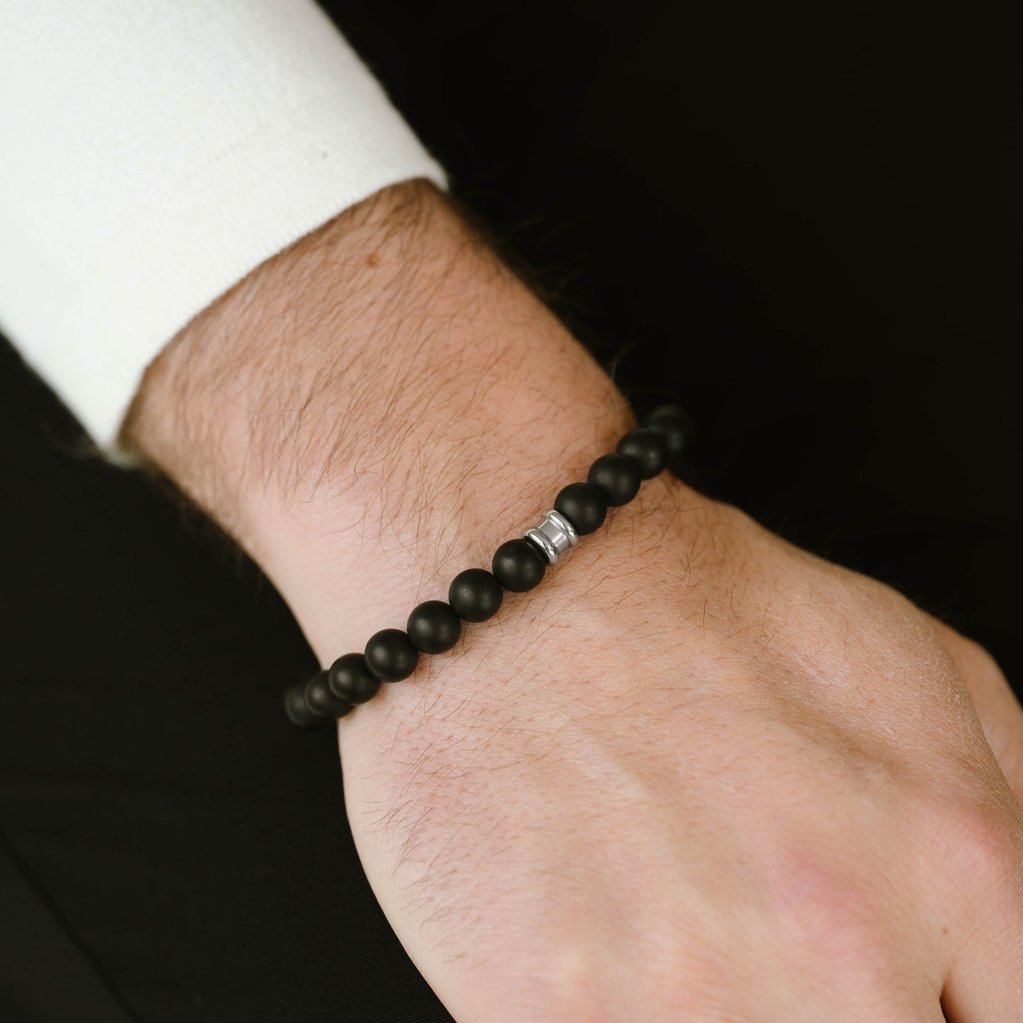 mat black bracelet for men jewelry for him steel and barnett  8mm Round Gemstone Bracelet Matt Black