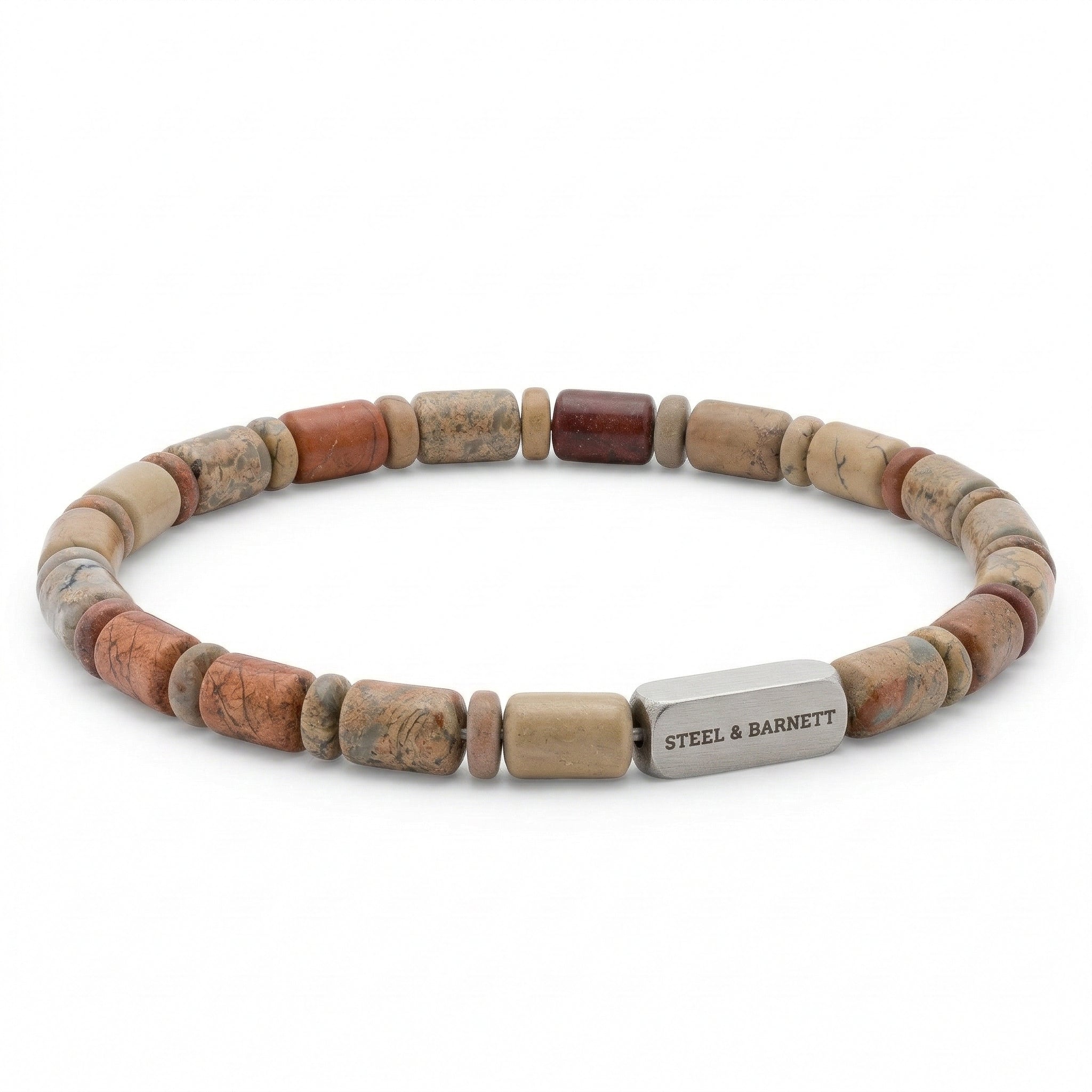 Beige and brown aqua terra jasper men's beaded bracelet with cylindrical stone beads and brushed stainless steel accent plate on a white background
