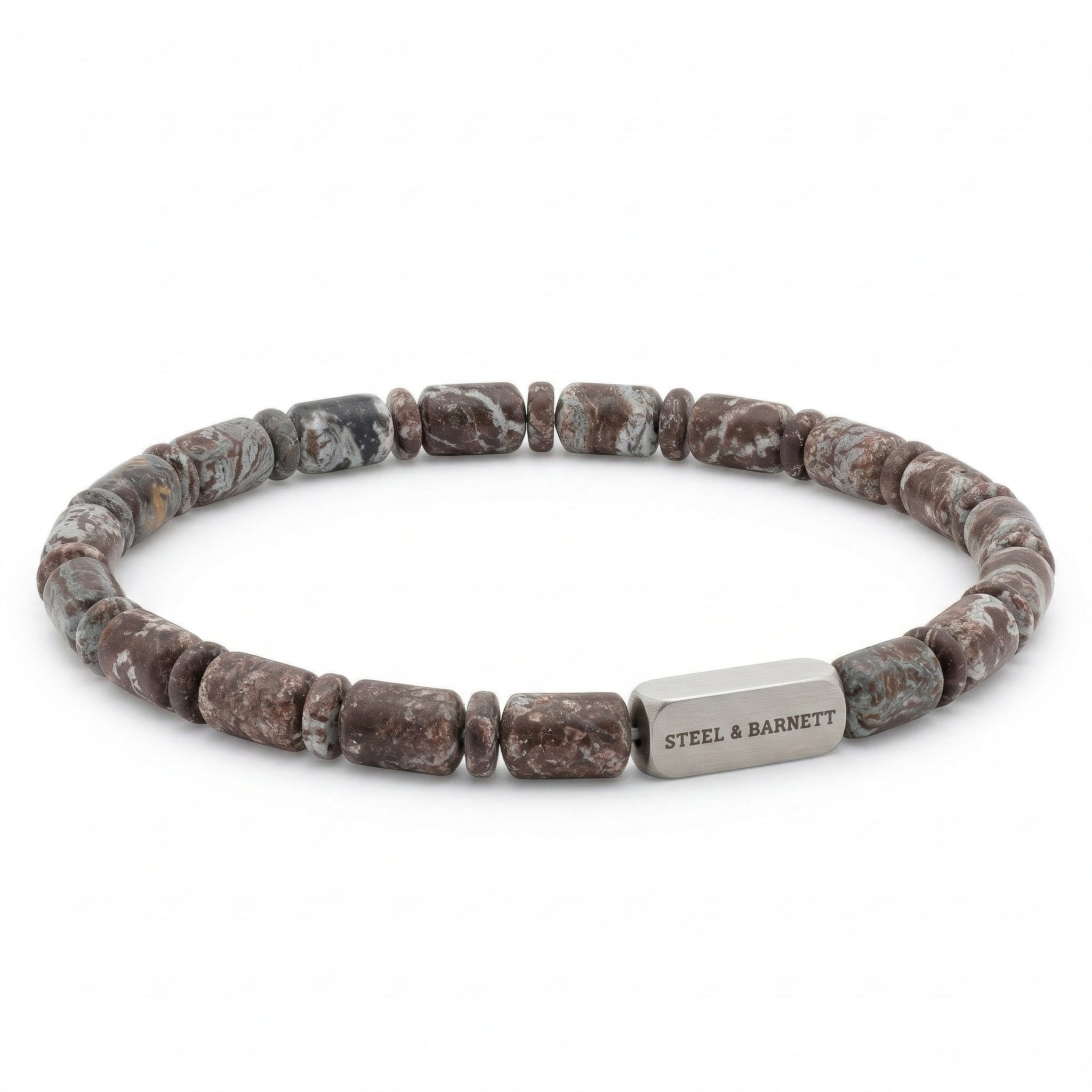 Snowflake Obsidian stone men's beaded bracelet with cylindrical and disc beads and brushed stainless steel accent plate on a white background