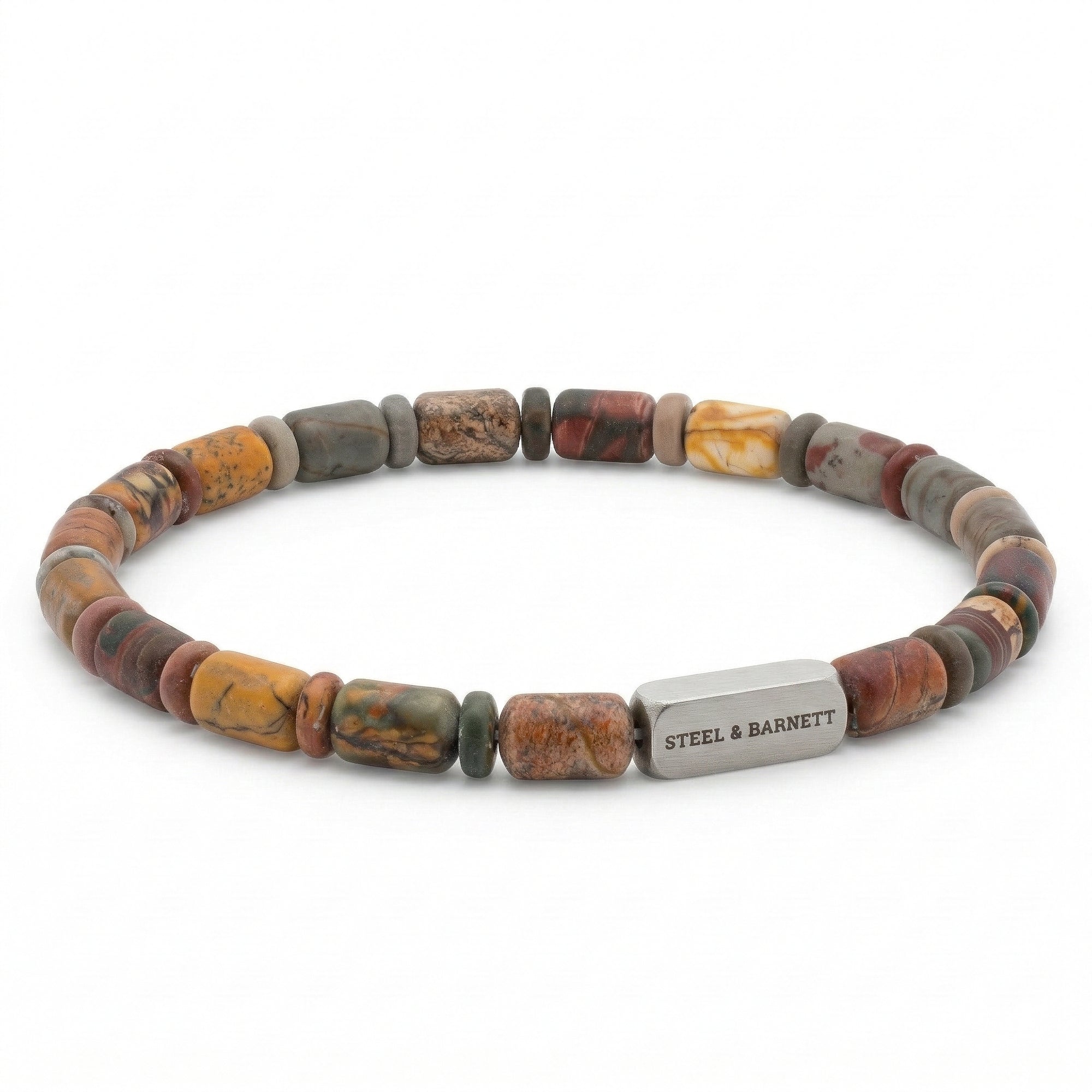Multicolor cherry creek jasper men's beaded bracelet with cylindrical natural stone beads and brushed stainless steel accent plate on a white background