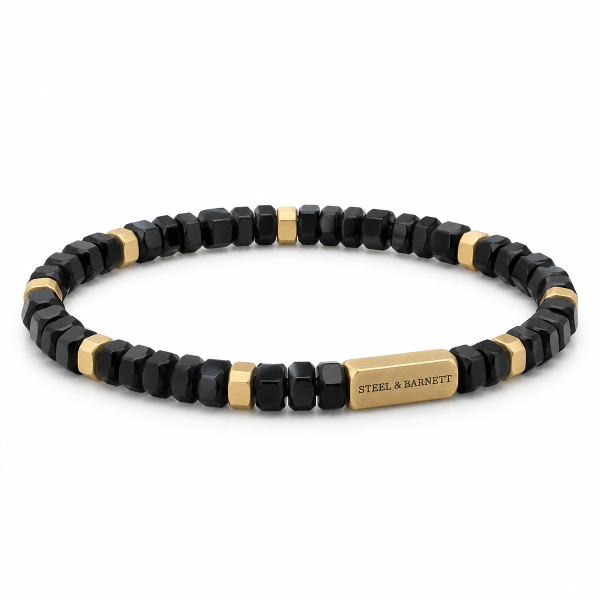 Black faceted bead men's bracelet with plated 18K gold accents and branded bar on a white background