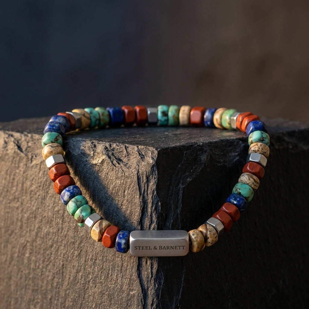 A beaded stretch bracelet with a central silver-toned metal plate engraved with 'STEEL & BARNETT', resting on a dark textured stone surface. The beads are made of various natural stones in blue, green, red, orange, and brown, with some polished silver-toned spacer beads.