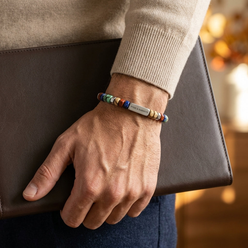 A close-up of a person's wrist wearing a colorful beaded bracelet with a silver metal tag. The person is holding a dark brown leather folder, wearing a beige knit sweater, and blue jeans, with a warm, softly blurred background.