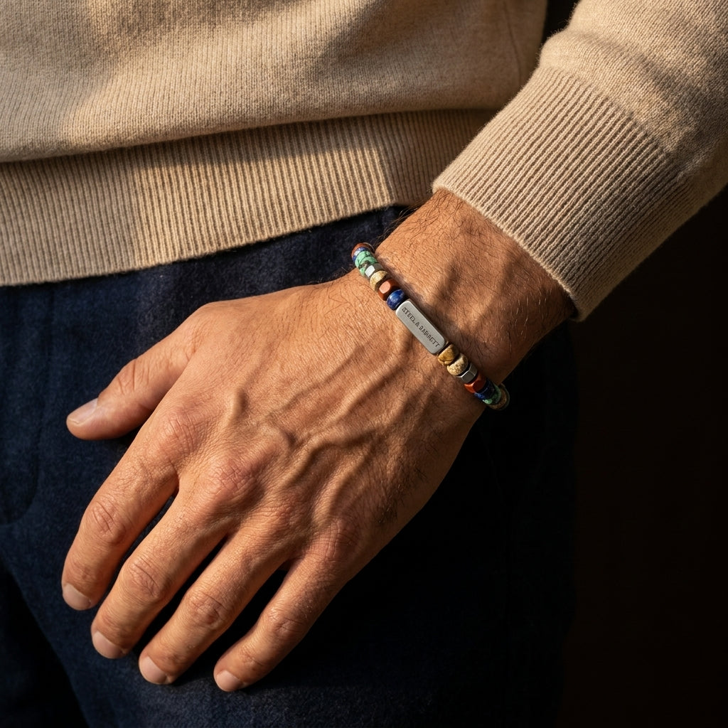 A close-up of a man's wrist wearing a personalized beaded bracelet with a silver metal plate. The bracelet features multicolor beads and a silver-toned central plate.