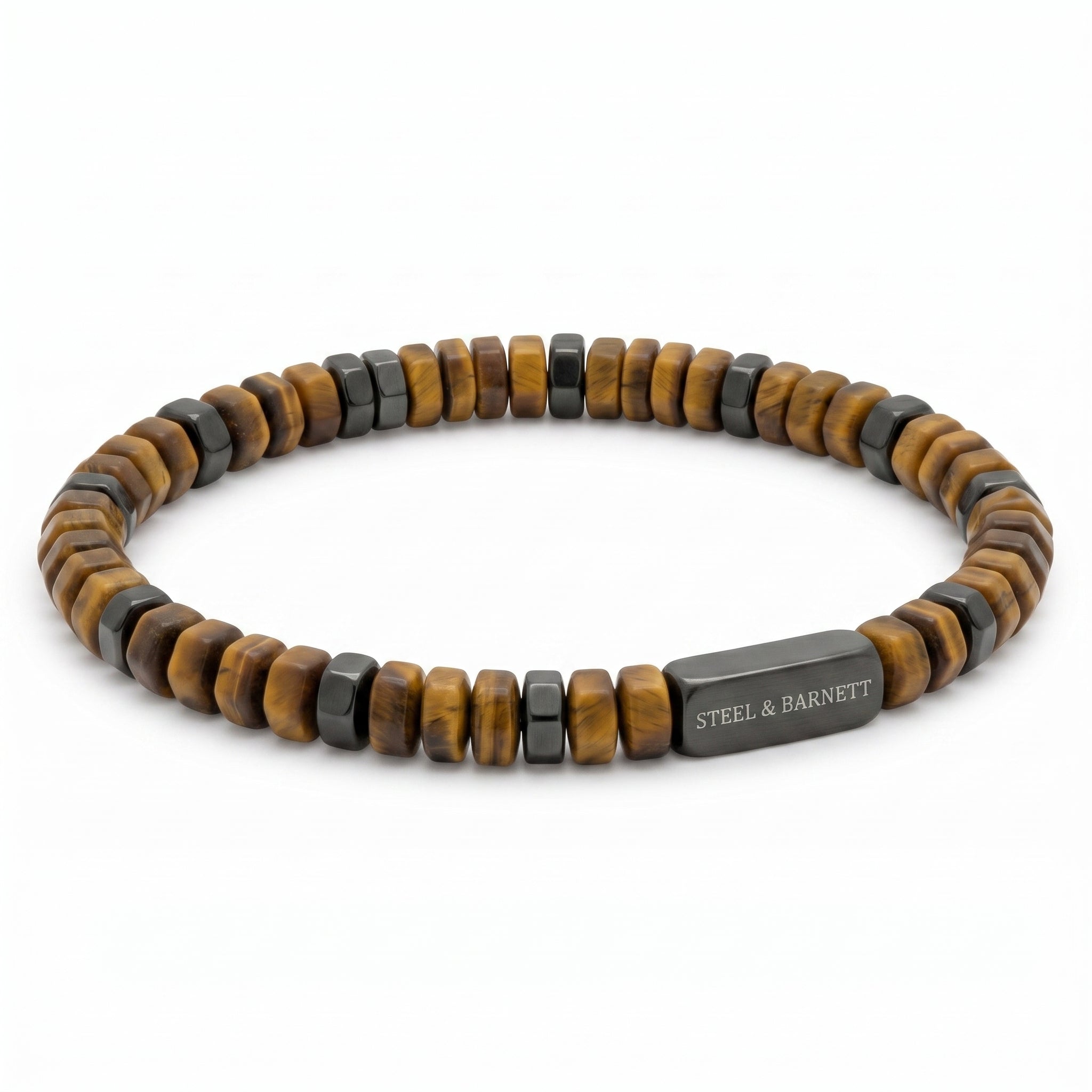A beaded stretch bracelet featuring alternating natural tiger's eye beads and dark gray metallic square beads, with a rectangular dark gray metal clasp engraved with 'STEEL & BARNETT'.