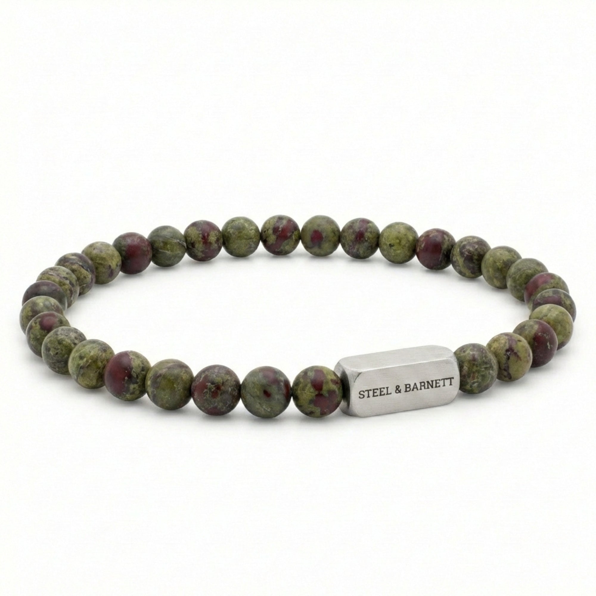 Dragon blood jasper men’s bracelet with green and red natural stone beads and brushed stainless steel bar on white background
