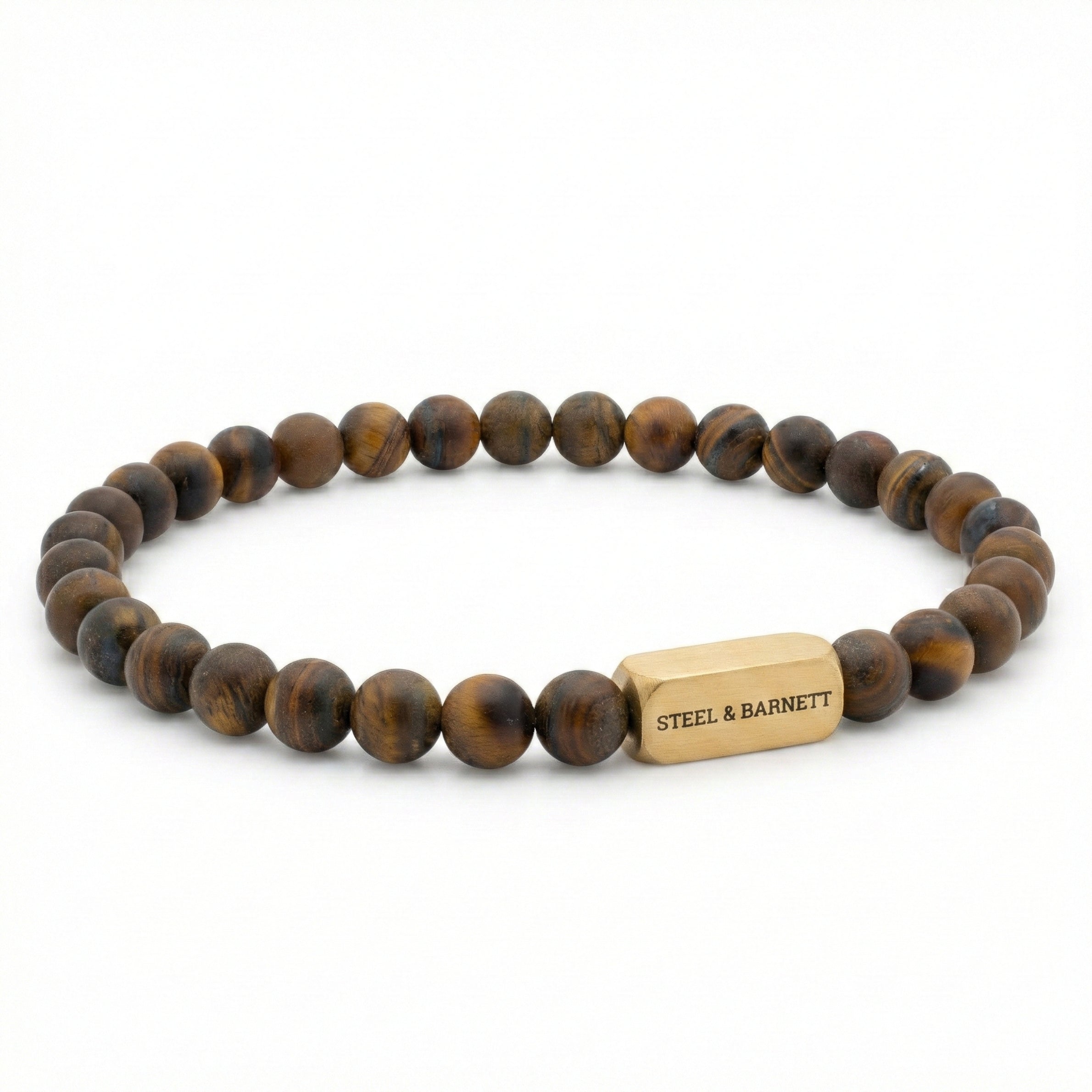 Tiger eye men’s bracelet with matte brown and gold beads and plated 18K gold clasp on white background