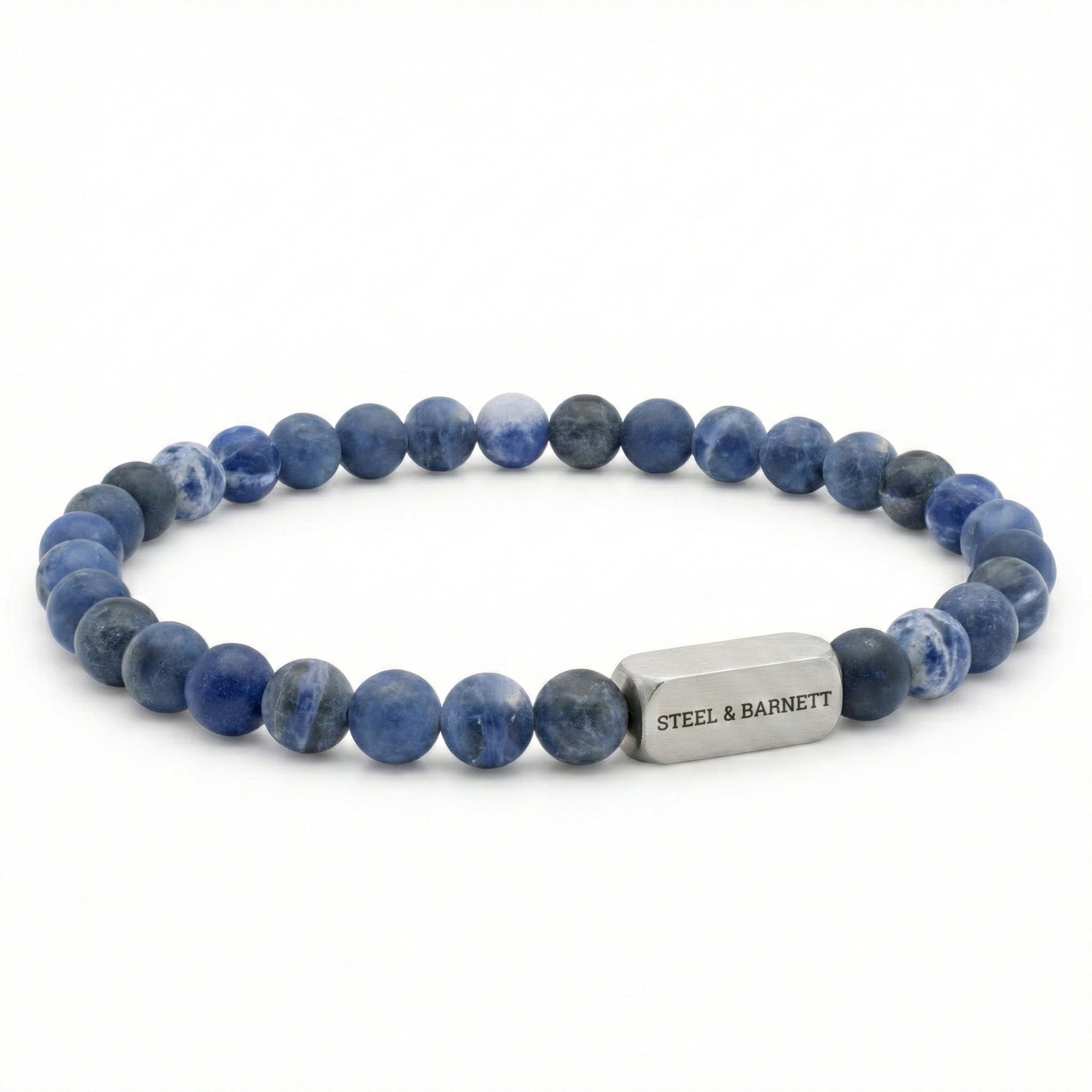 Blue sodalite men’s bracelet with matte round natural stone beads and brushed stainless steel bar on white background