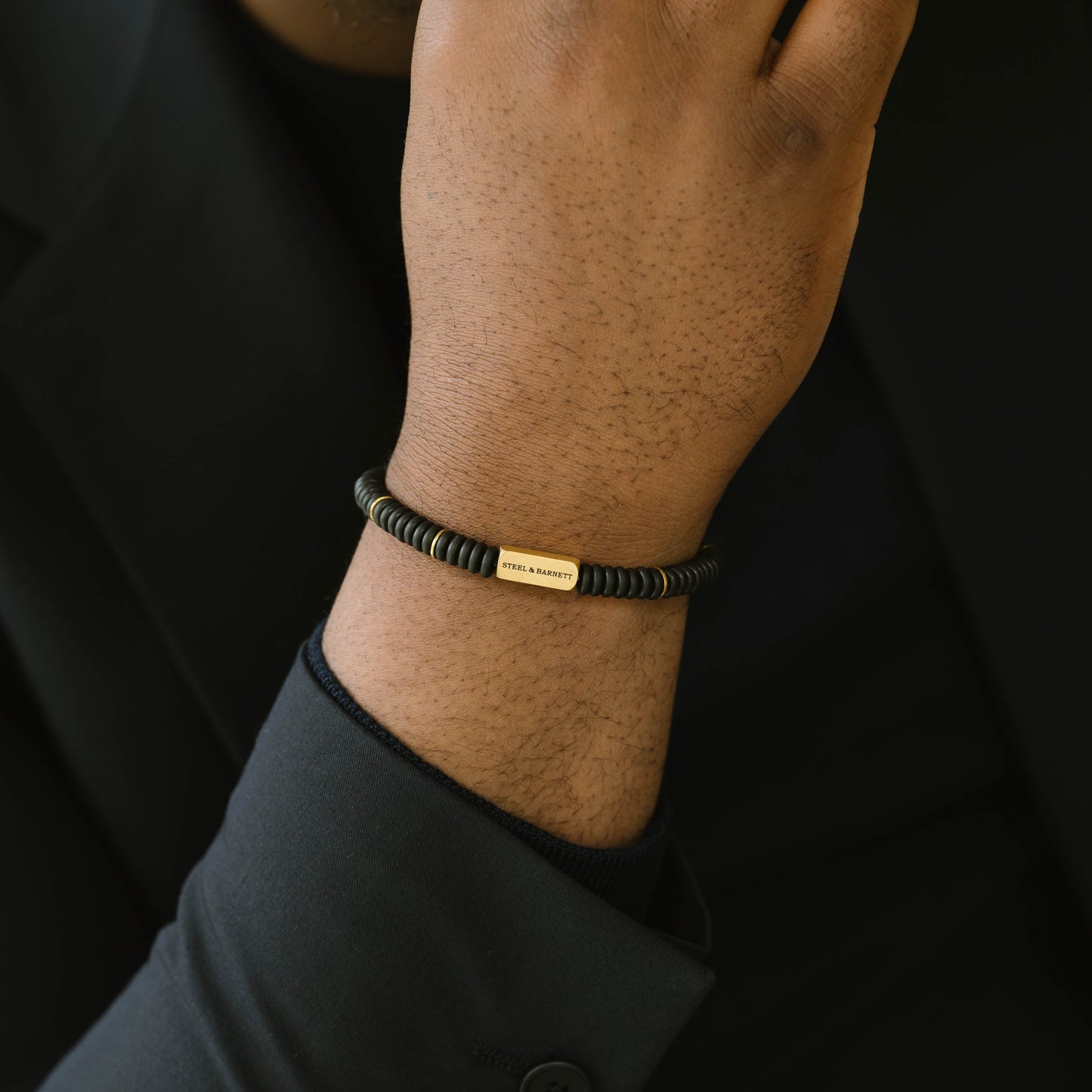 stone bracelet for men stainless steel steel and barnett black and gold Two Tone Disc Gemstone Bracelet Matt Black/18K Gold