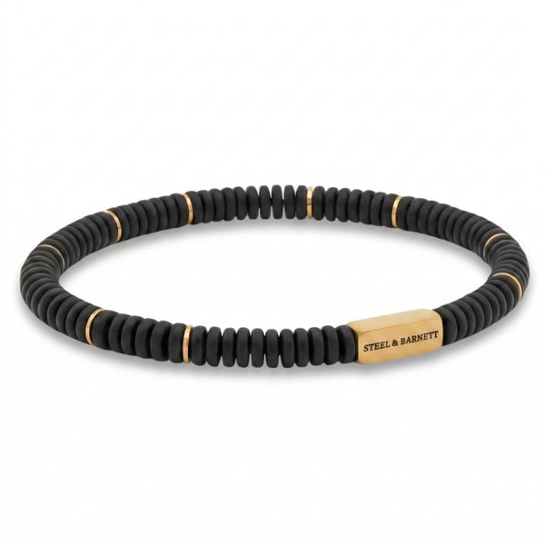 Two Tone Matte Black Onyx Gemstone Stretch Disc Bracelet with Plated 1