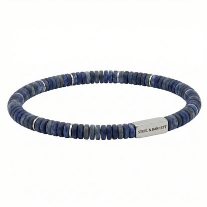 Blue natural stone men's beaded bracelet with matte disc beads and brushed stainless steel accent plate on a white background