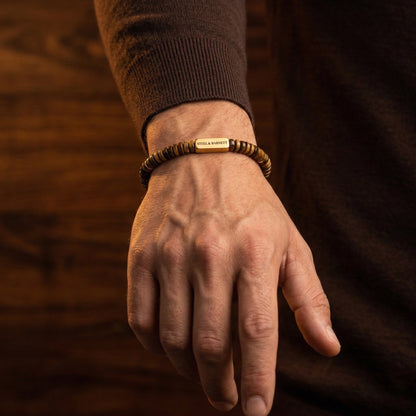 Two Tone Tiger Eye Gemstone Stretch Disc Bracelet with Plated 18K Gold