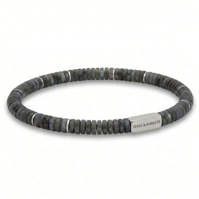 Grey natural stone men's beaded bracelet with matte disc beads and brushed stainless steel accent plate on a white background