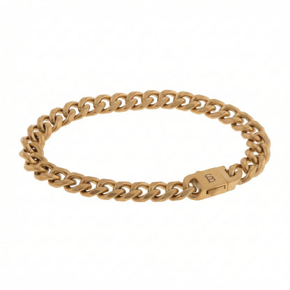 Gold stainless steel men's curb chain bracelet with solid link design and plated 18K gold clasp on a white background