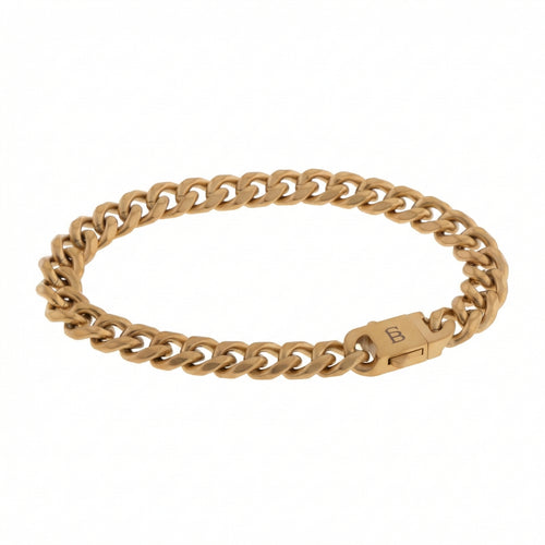 Gold stainless steel men's curb chain bracelet with solid link design and plated 18K gold clasp on a white background