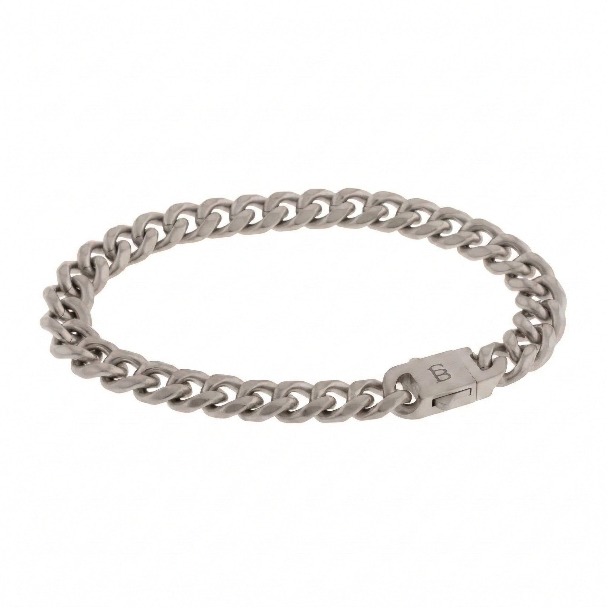Matte matte stainless steel men's curb chain bracelet with solid link design and box clasp on a white background