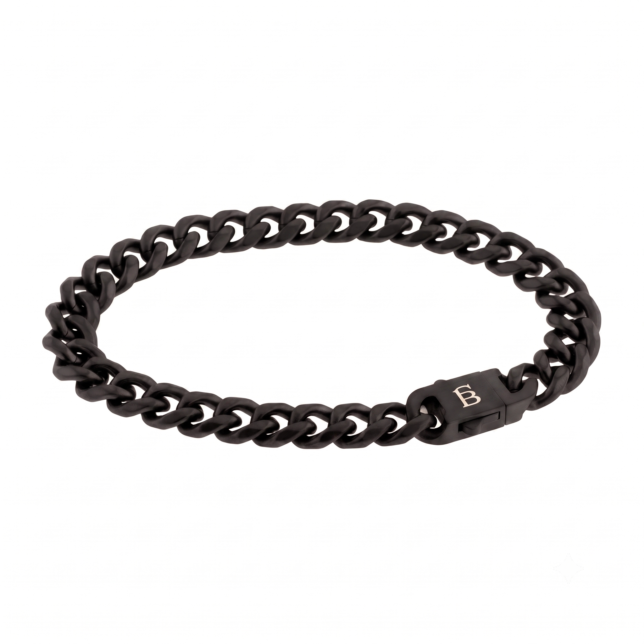 Black stainless steel men's bracelet with a matte curb chain design and engraved clasp isolated on a white background