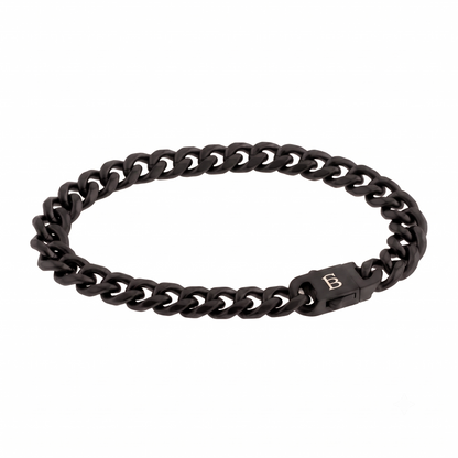 Black stainless steel men's bracelet with a matte curb chain design and engraved clasp isolated on a white background
