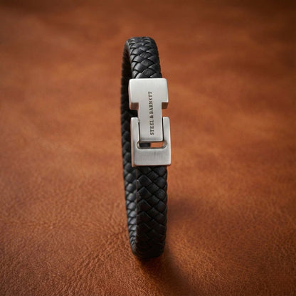 Black Braided Leather Men's Bracelet - STEEL & BARNETT