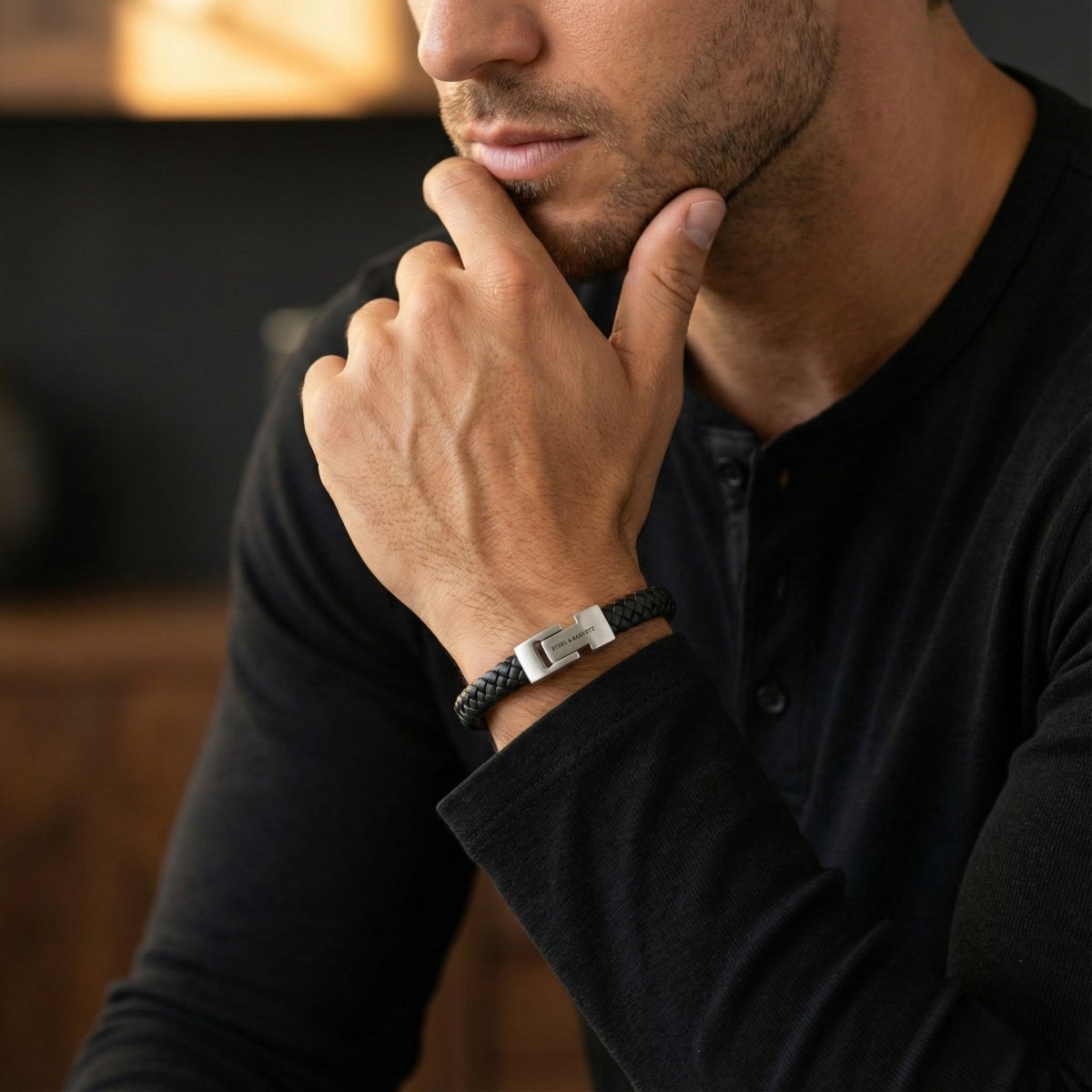 Black Braided Leather Men's Bracelet - STEEL & BARNETT