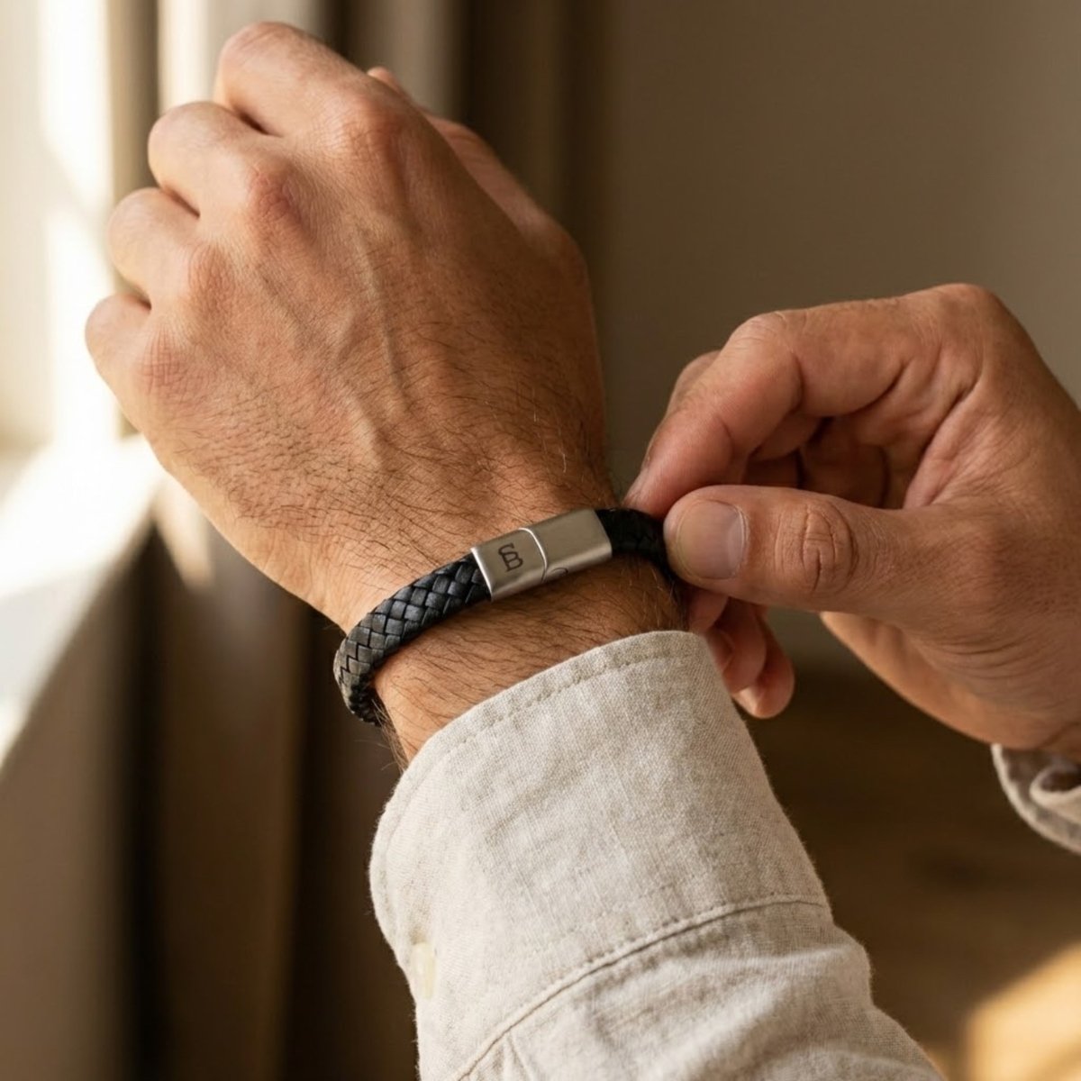 Black Leather Braided Bracelet For Men - STEEL & BARNETT