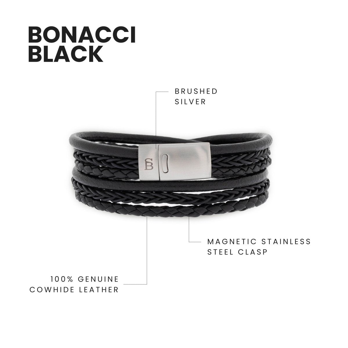 Bonacci Leather Bracelet Black - STEEL & BARNETT