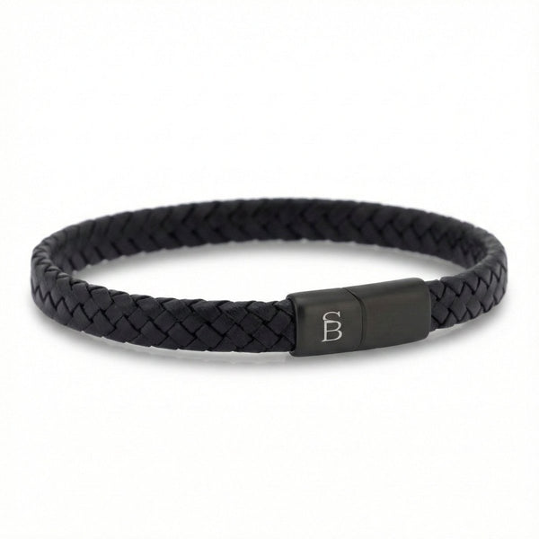 Braided Black Leather Bracelet with Black Stainless Steel Clasp For Men