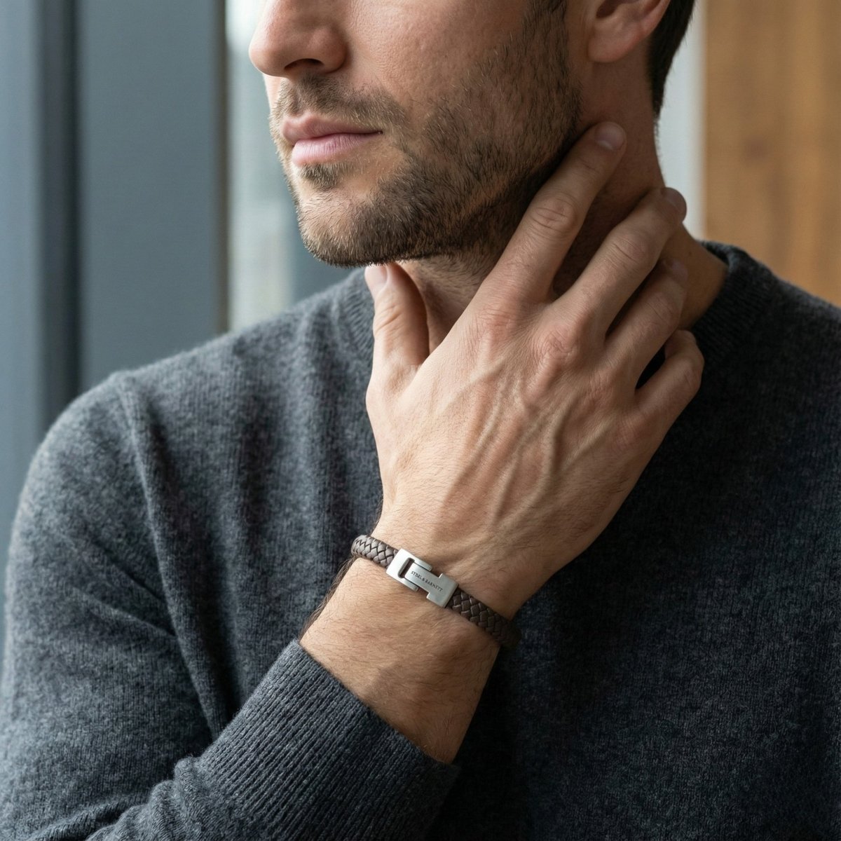 Brown Braided Leather Men's Bracelet - STEEL & BARNETT