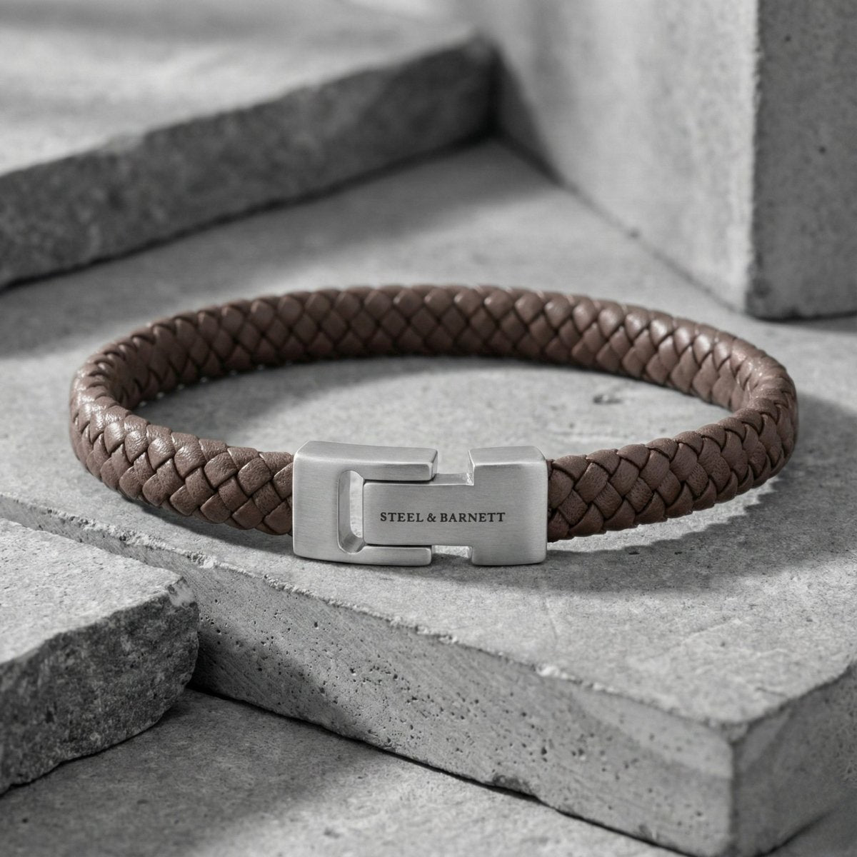 Brown Braided Leather Men's Bracelet - STEEL & BARNETT