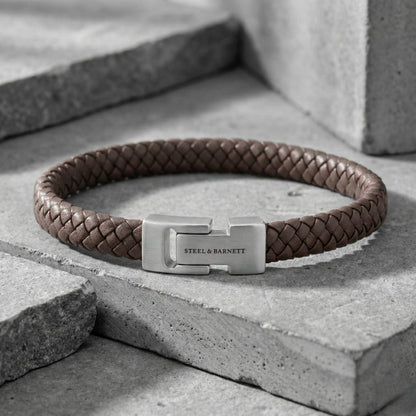 Brown Braided Leather Men's Bracelet - STEEL & BARNETT