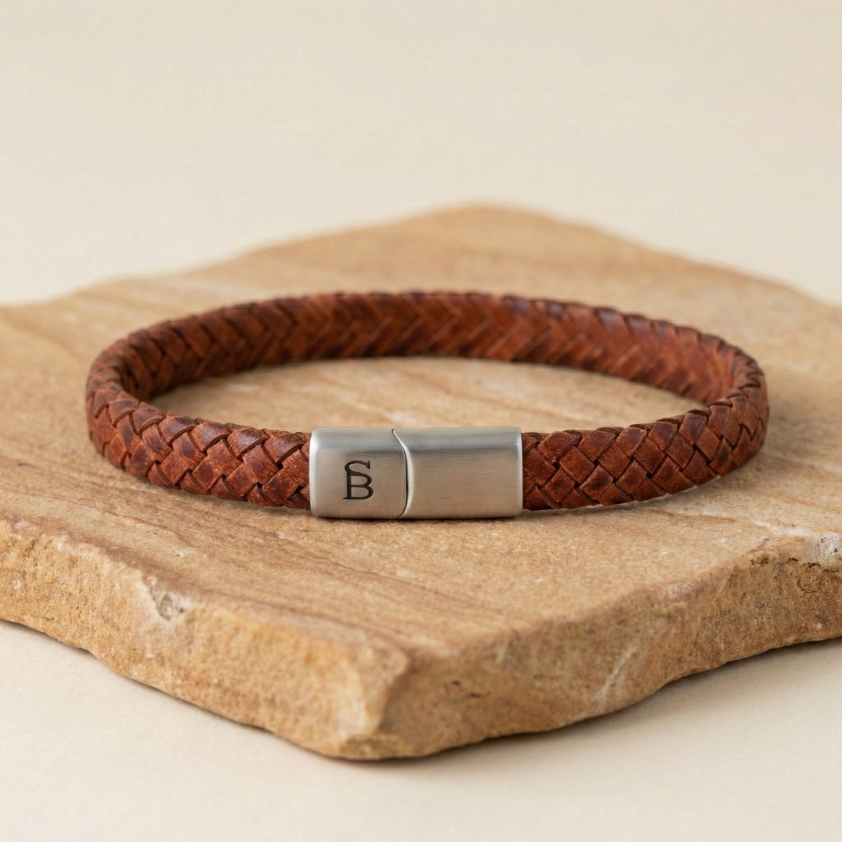 Caramel Leather Braided Bracelet For Men - STEEL & BARNETT