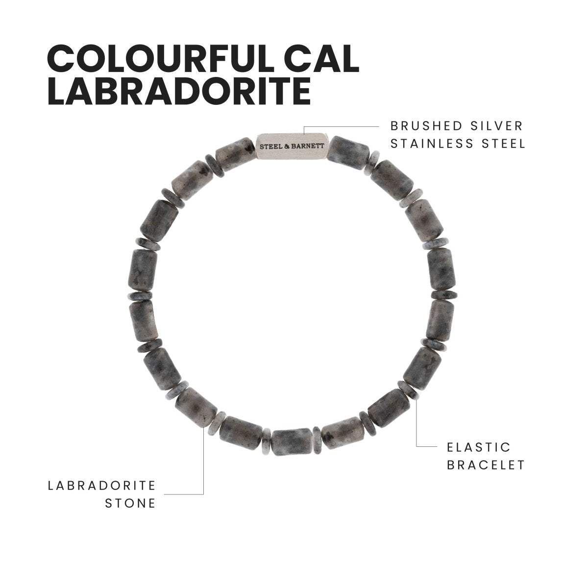 Colourful Cal Barrel Gemstone Bracelet Labradorite - STEEL & BARNETT