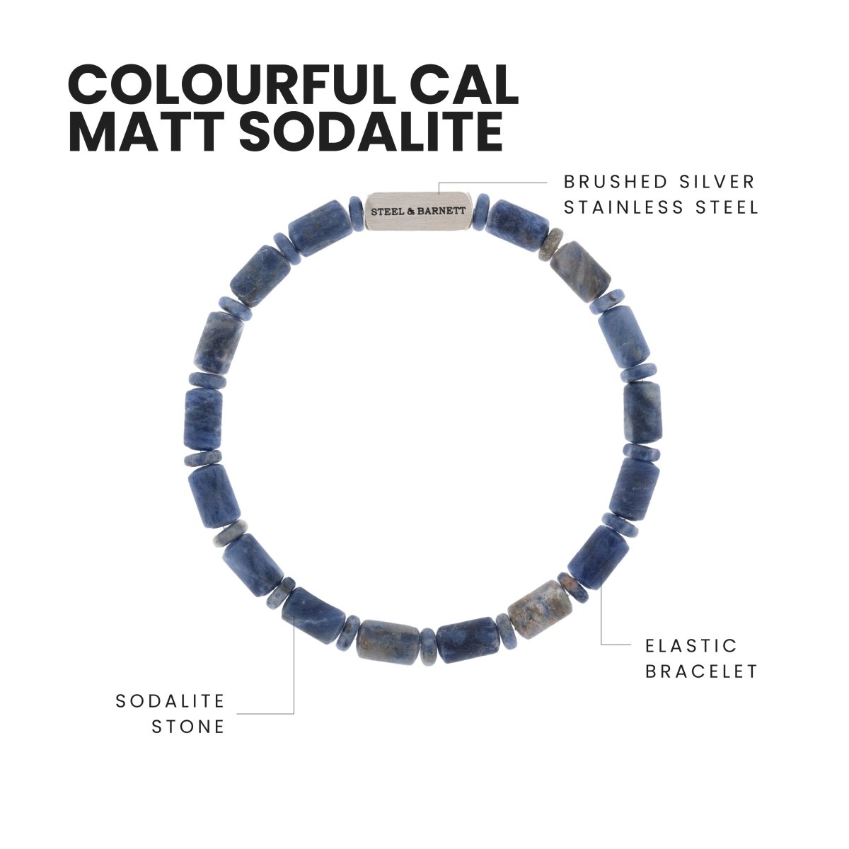 Colourful Cal Barrel Gemstone Bracelet Matt Sodalite - STEEL & BARNETT