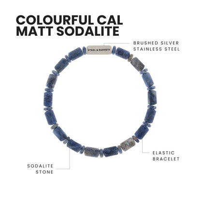 Colourful Cal Barrel Gemstone Bracelet Matt Sodalite - STEEL & BARNETT