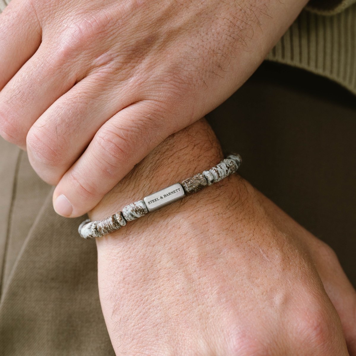 Colourful Cal Barrel Gemstone Bracelet Snowflake Obsidian - STEEL & BARNETT