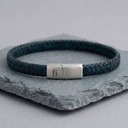 Deep Blue Leather Braided Bracelet For Men - STEEL & BARNETT