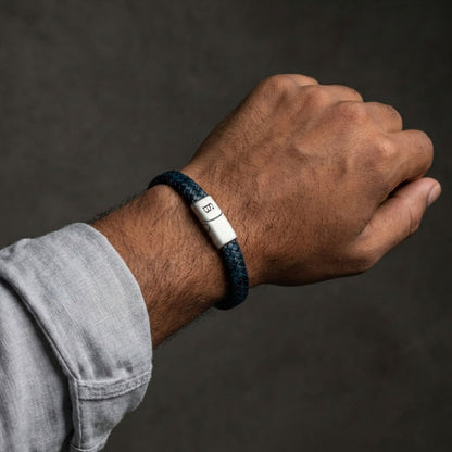 Deep Blue Leather Braided Bracelet For Men - STEEL & BARNETT