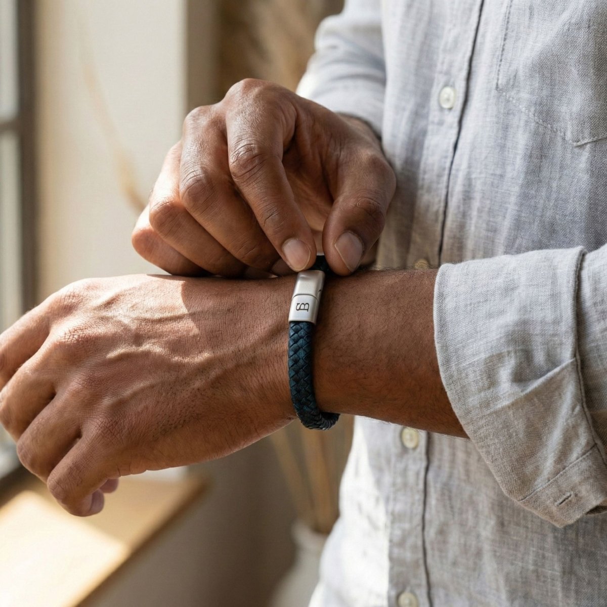 Deep Blue Leather Braided Bracelet For Men - STEEL & BARNETT