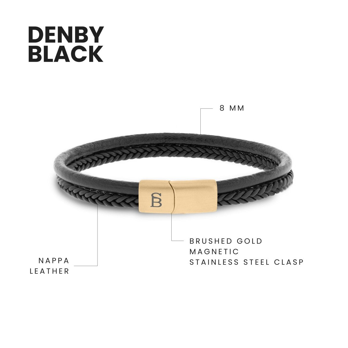 Denby Leather Bracelet Black/18K Gold - STEEL & BARNETT