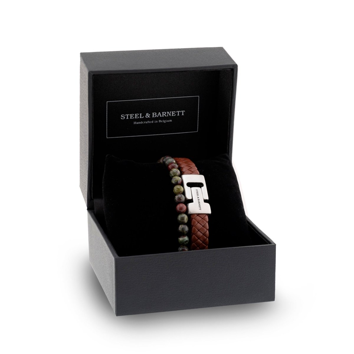 Brown braided leather men’s bracelet with brushed stainless steel clasp and natural stone beads presented inside a branded gift box on a white background