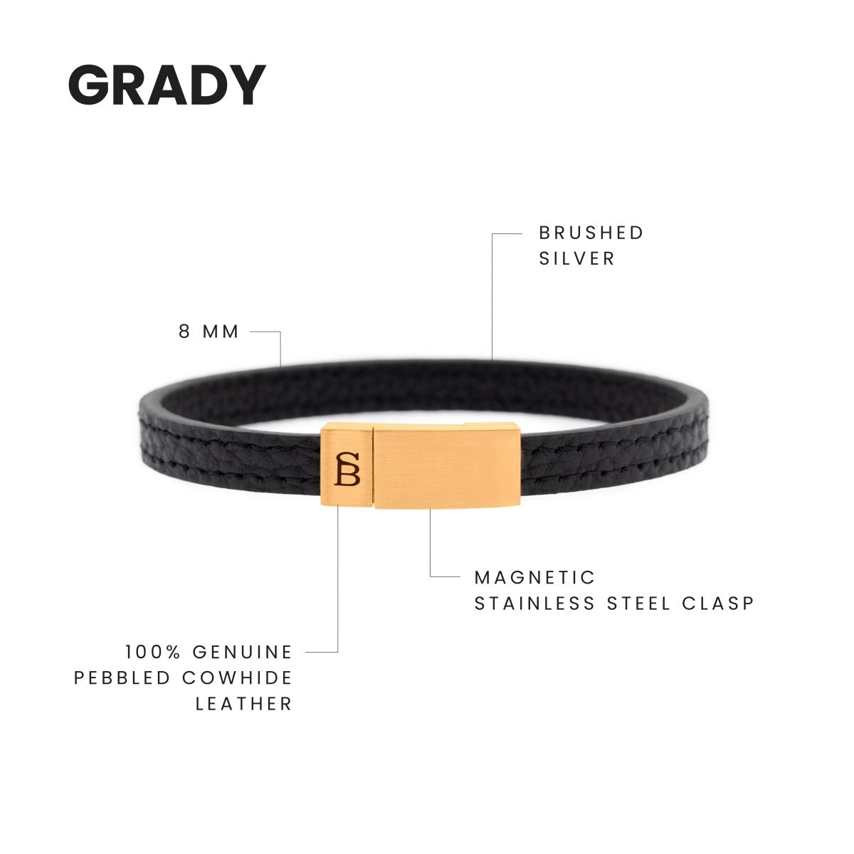 Grady Leather Bracelet Black/18K Gold - STEEL & BARNETT