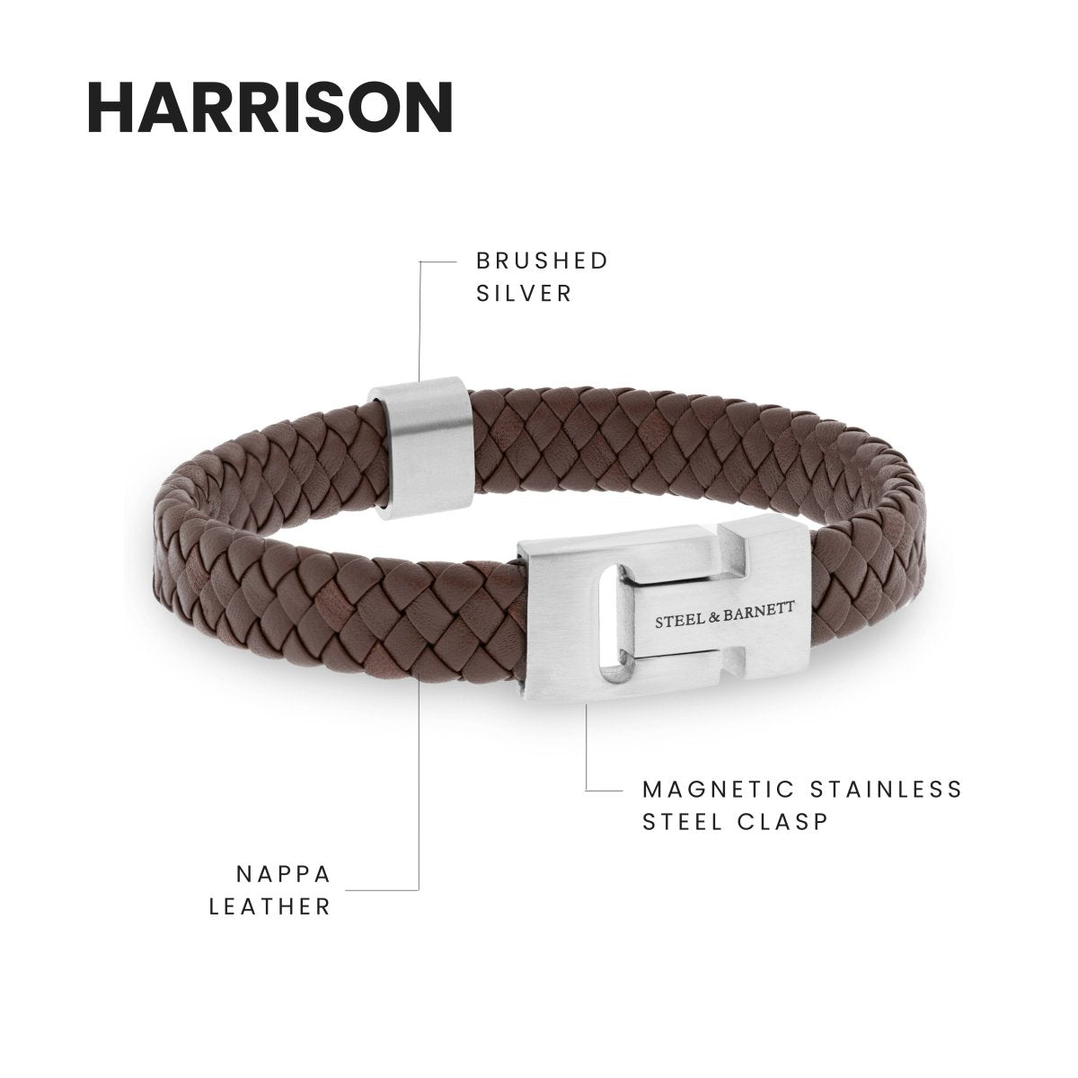 Harrison Nappa Leather Bracelet Brown - STEEL & BARNETT