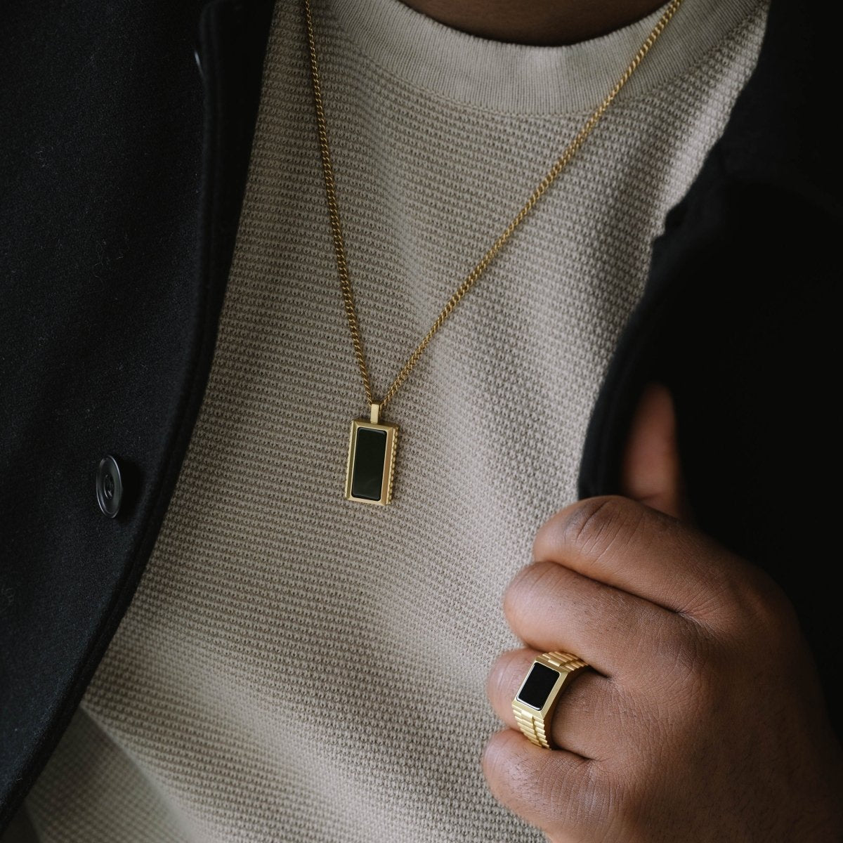 Rectangle Black Onyx Stone Pendant Necklace For Men