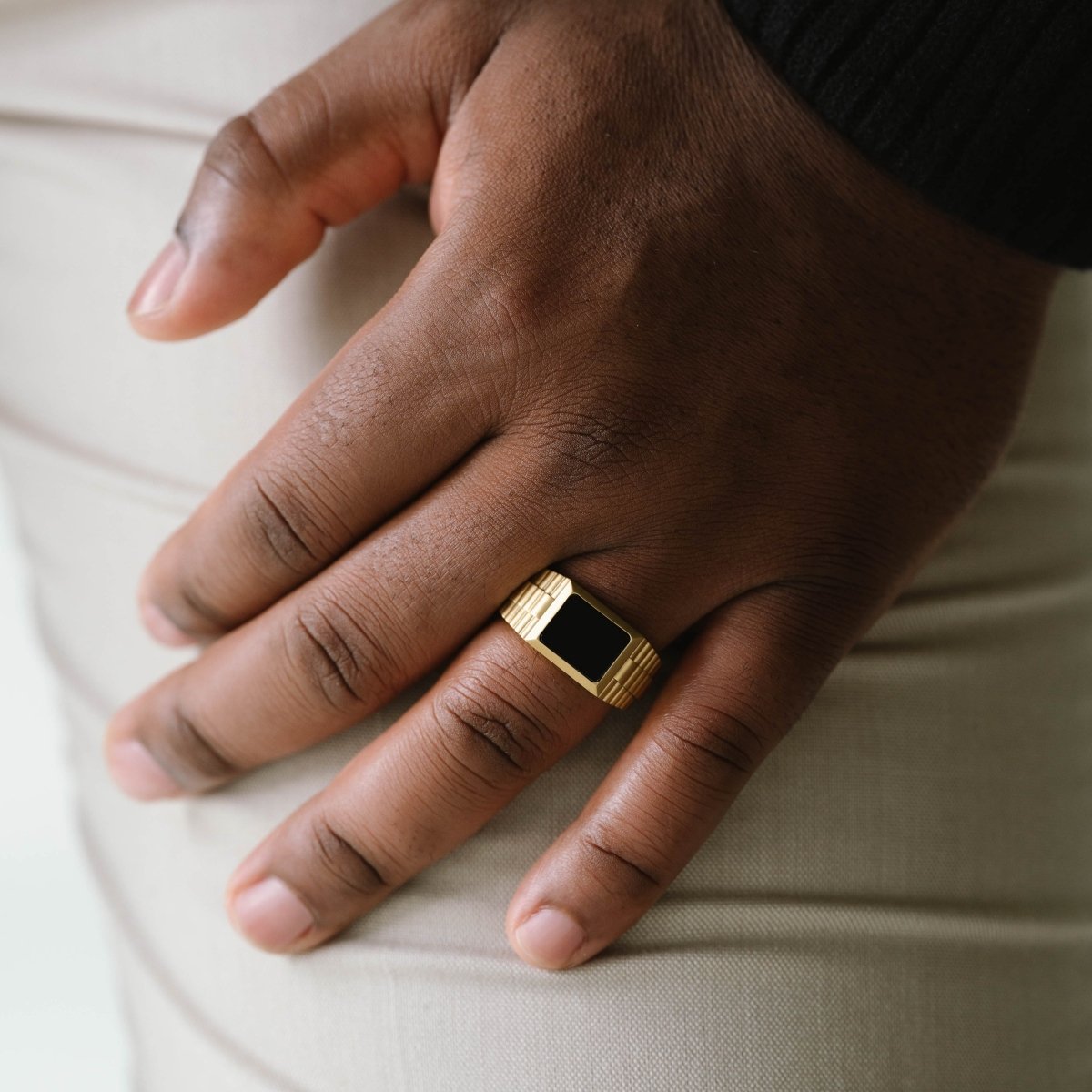 Black Onyx Signet Ring In 18K Plated Gold on finger