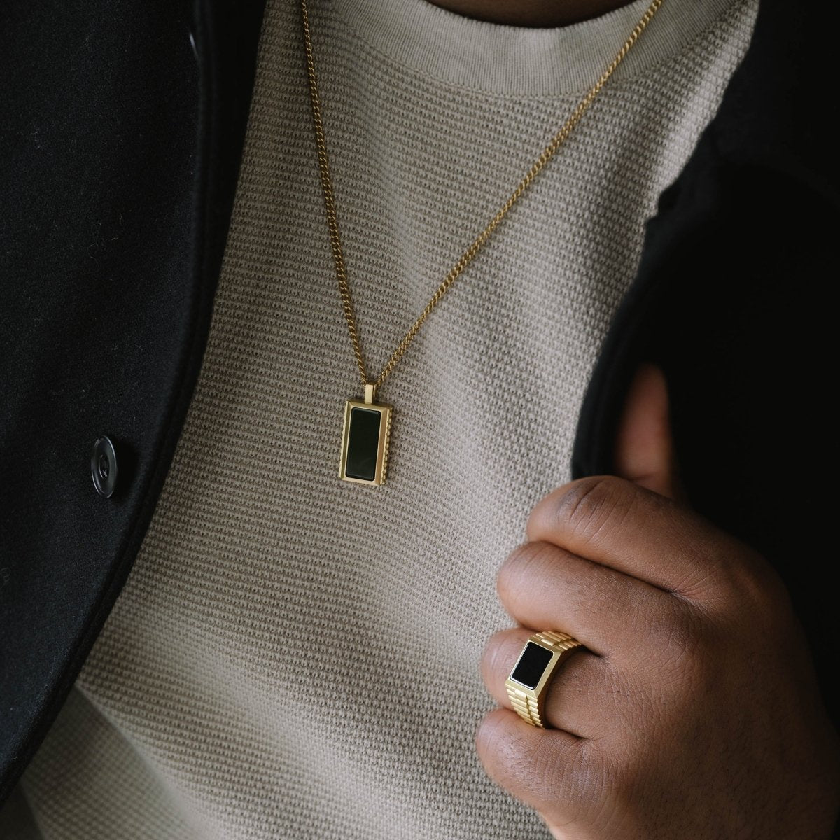 Black Onyx Signet Ring In 18K Plated Gold and chain