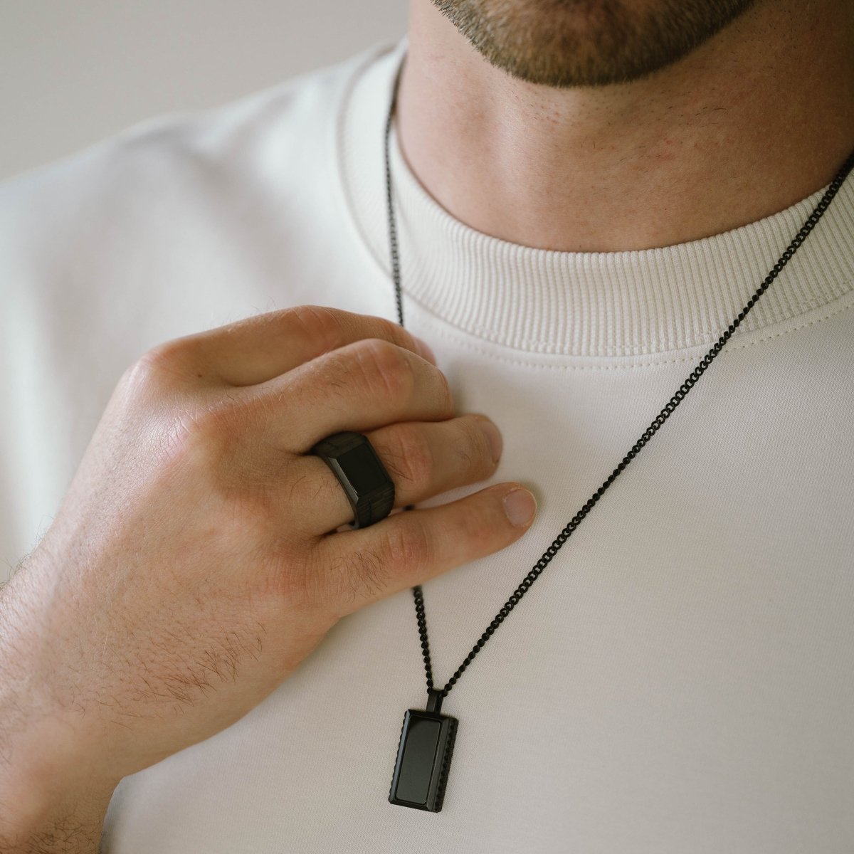 Black Stainless Steel Onyx Signet Ring on finger