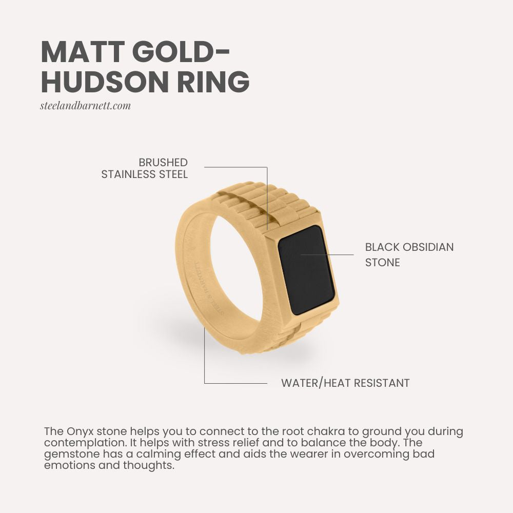 Matt gold and black statement ring for men waterproof Onyx gemstone 18K gold  steel and barnett
