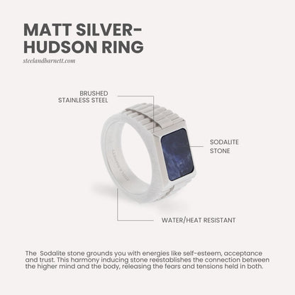 Matt silver and blue statement ring for men waterproof Sodalite gemstone 18K gold  steel and barnett