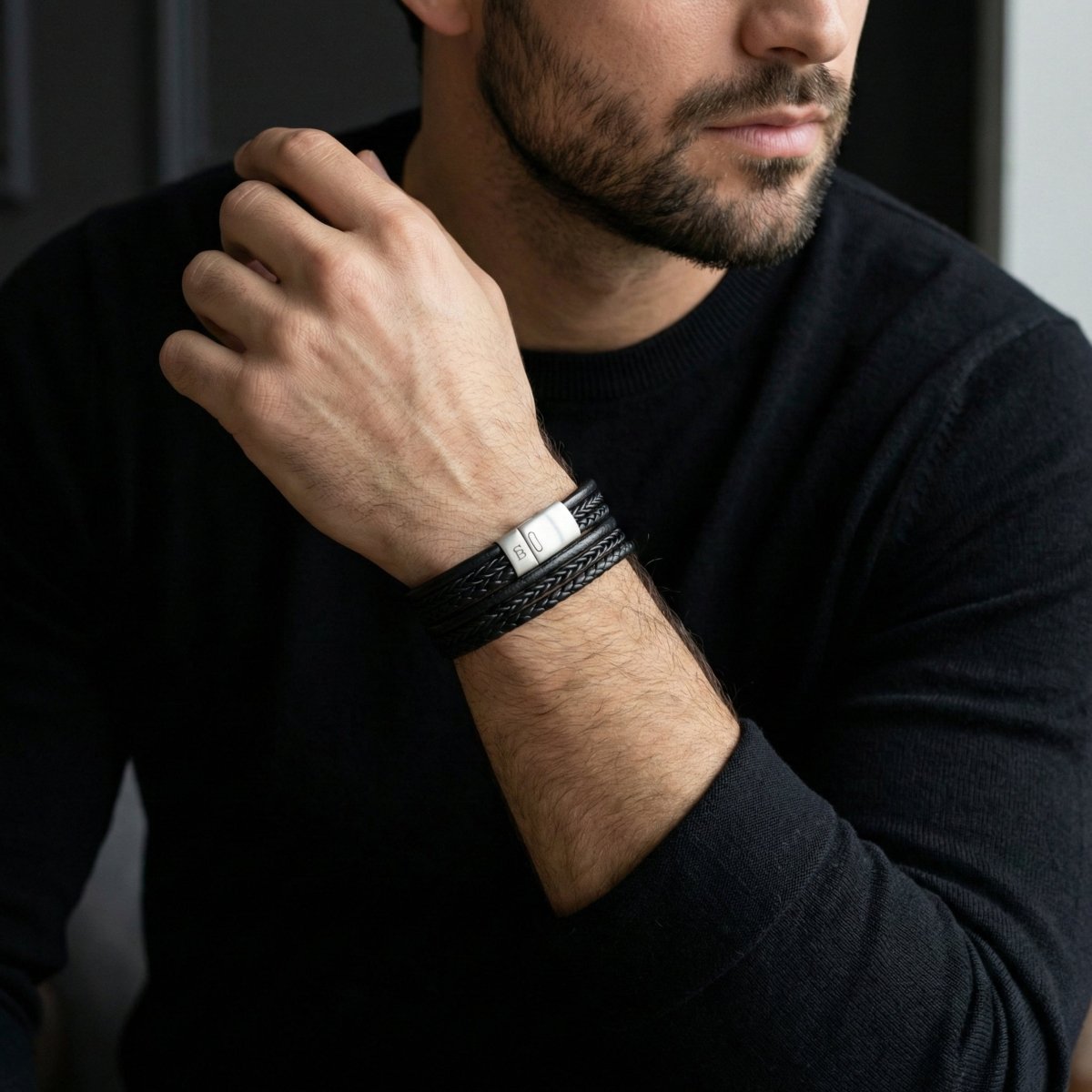 Layered Black Multi Stand Leather Men's Bracelet - STEEL & BARNETT