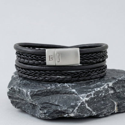 Layered Black Multi Stand Leather Men's Bracelet - STEEL & BARNETT